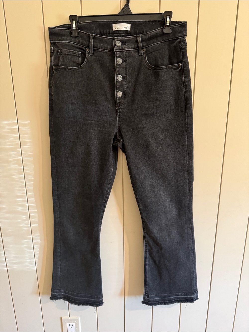 LOFT High Waist Flare Crop Button Front Jeans With Raw Hem